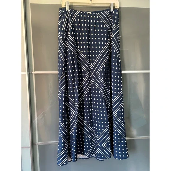 Abercrombie & Fitch Midi Rise Maxi Skirt Navy Blue Polka Dot Geometric Medium - Picture 2 of 10